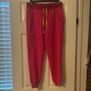 Figs Bright Pink Jogger Pants with Yellow Drawstrings